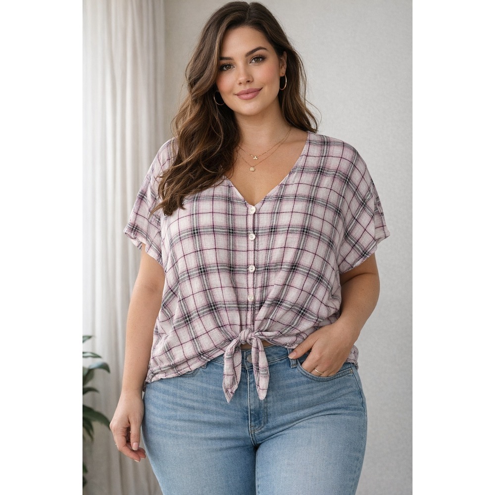 Plus Size 3x Plaid Tie Front Blouse Flowy Lightweight  Boho Peasant Pink Purple